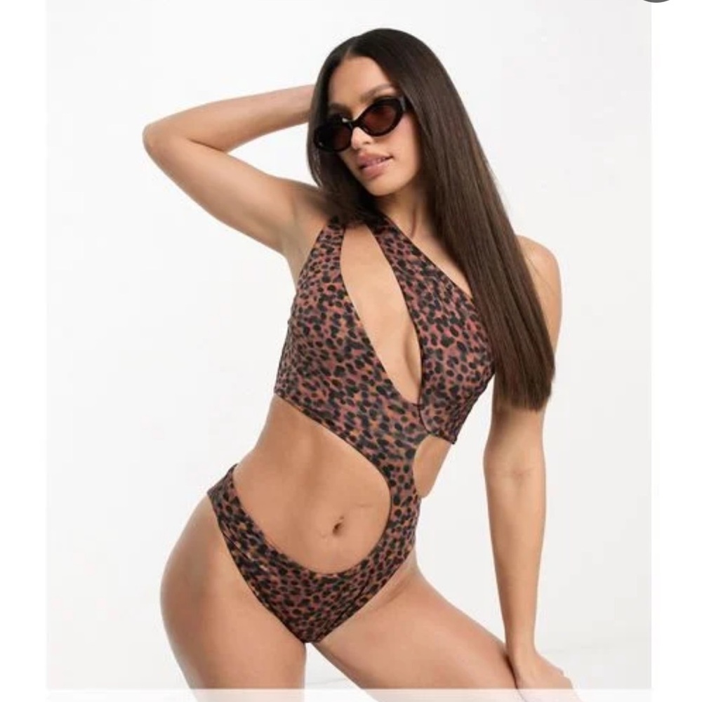 ASOS DESIGN Tall Asymmetric Strappy One Shoulder Cut Out Swimsuit Tortoise Print